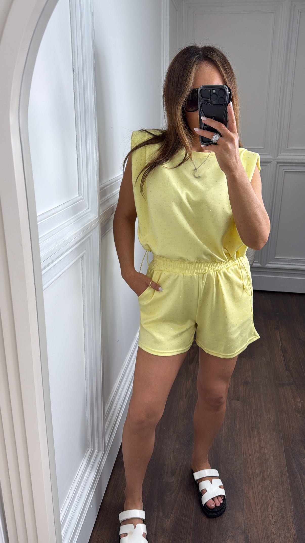 LILLIE lemon stud shorts co-ord with shoulder pads