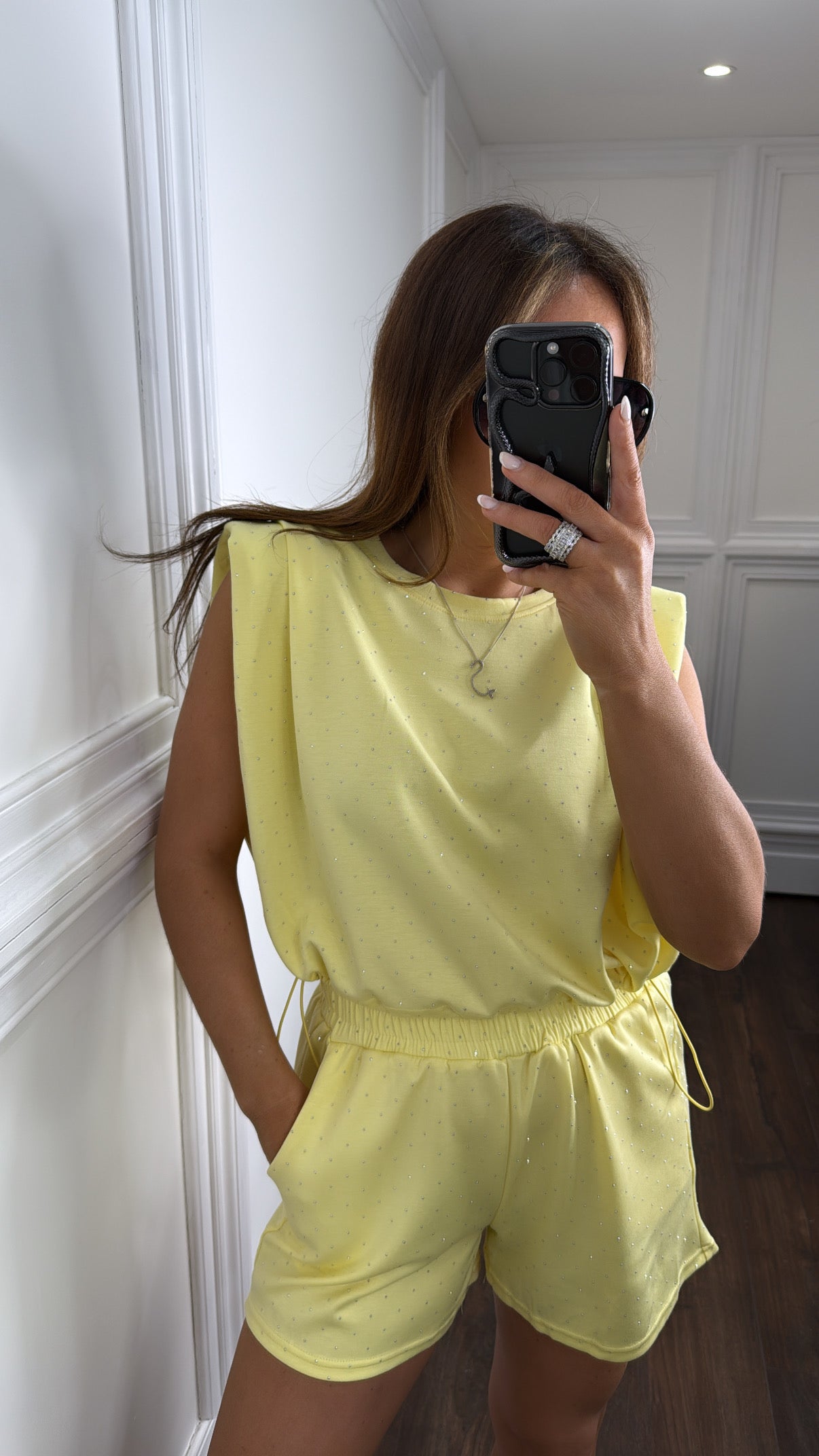LILLIE lemon stud shorts co-ord with shoulder pads