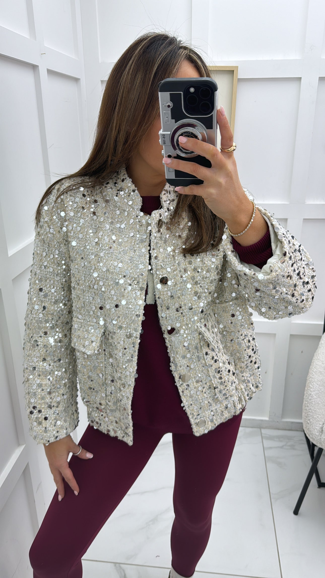 LOUISA white sequin bomber jacket