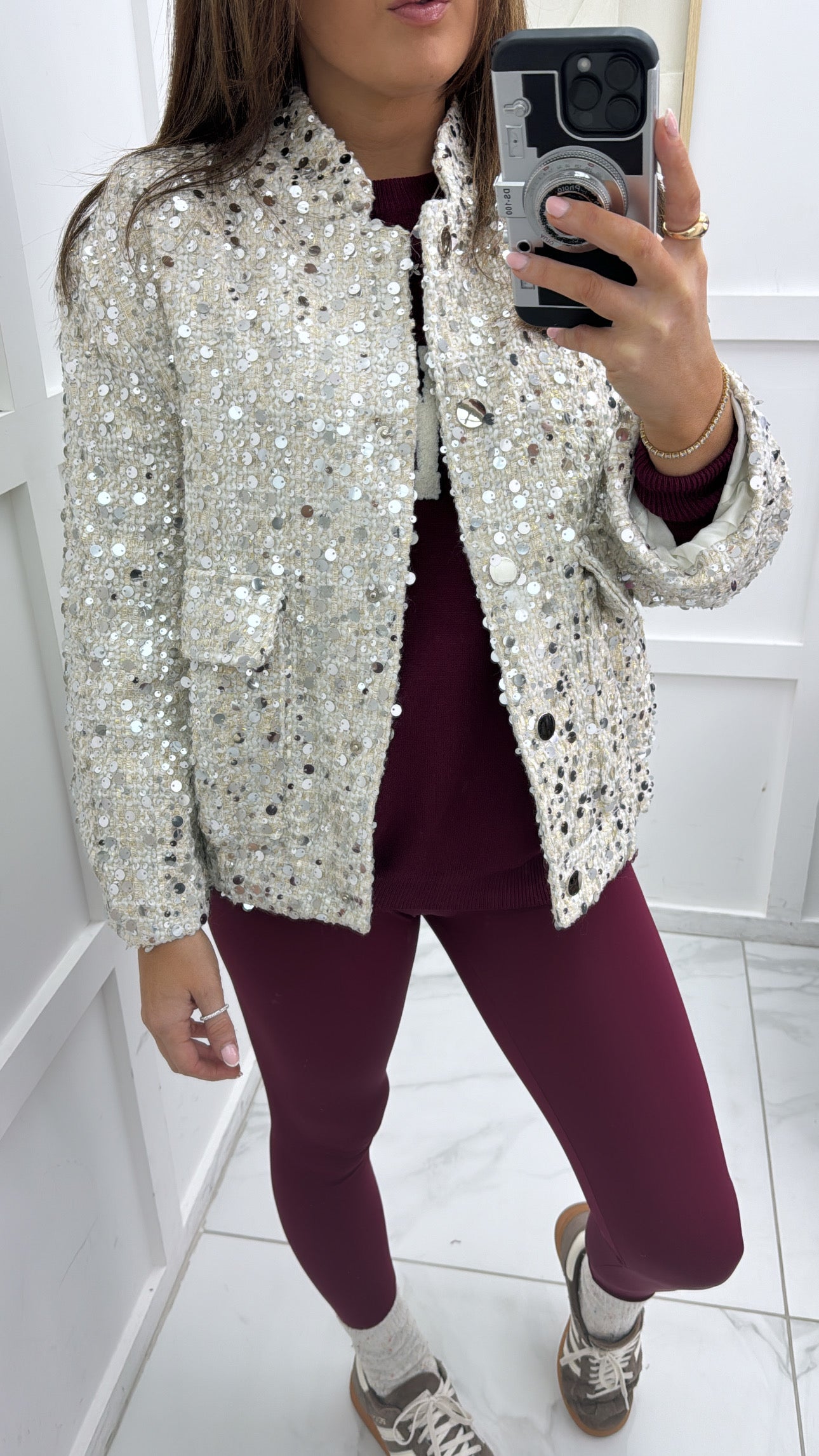 LOUISA white sequin bomber jacket