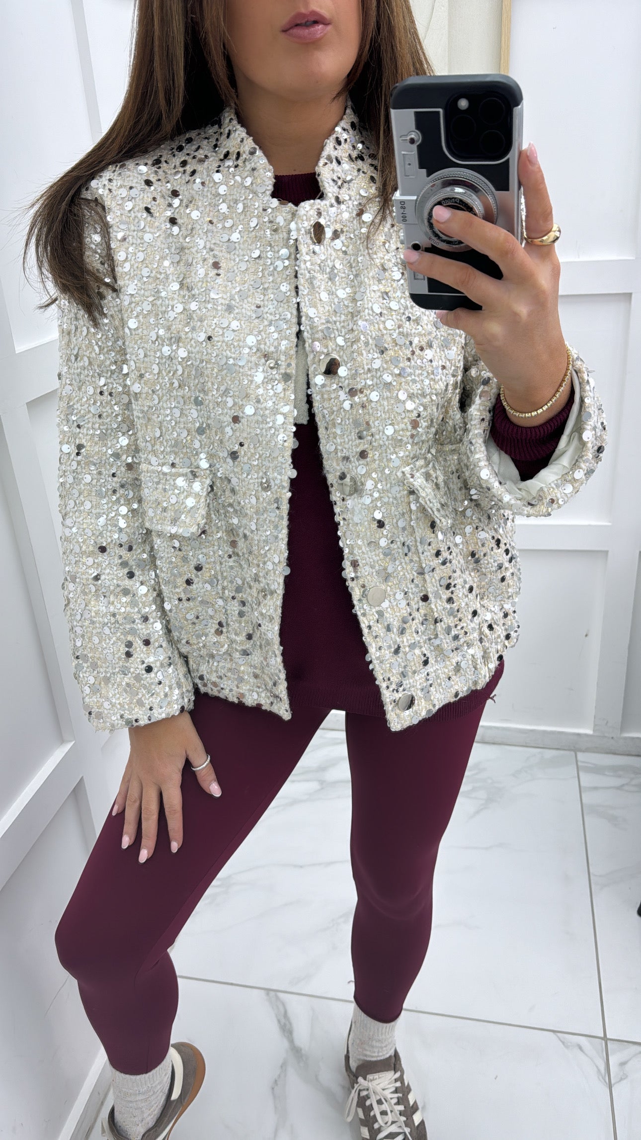 LOUISA white sequin bomber jacket