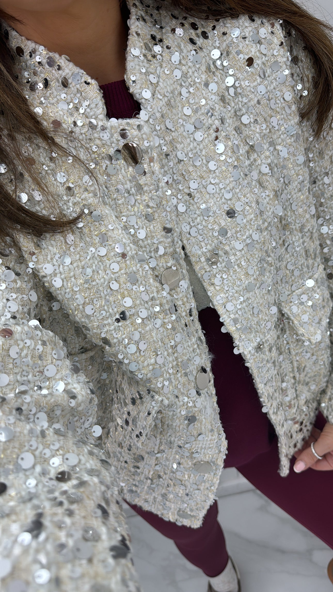 LOUISA white sequin bomber jacket