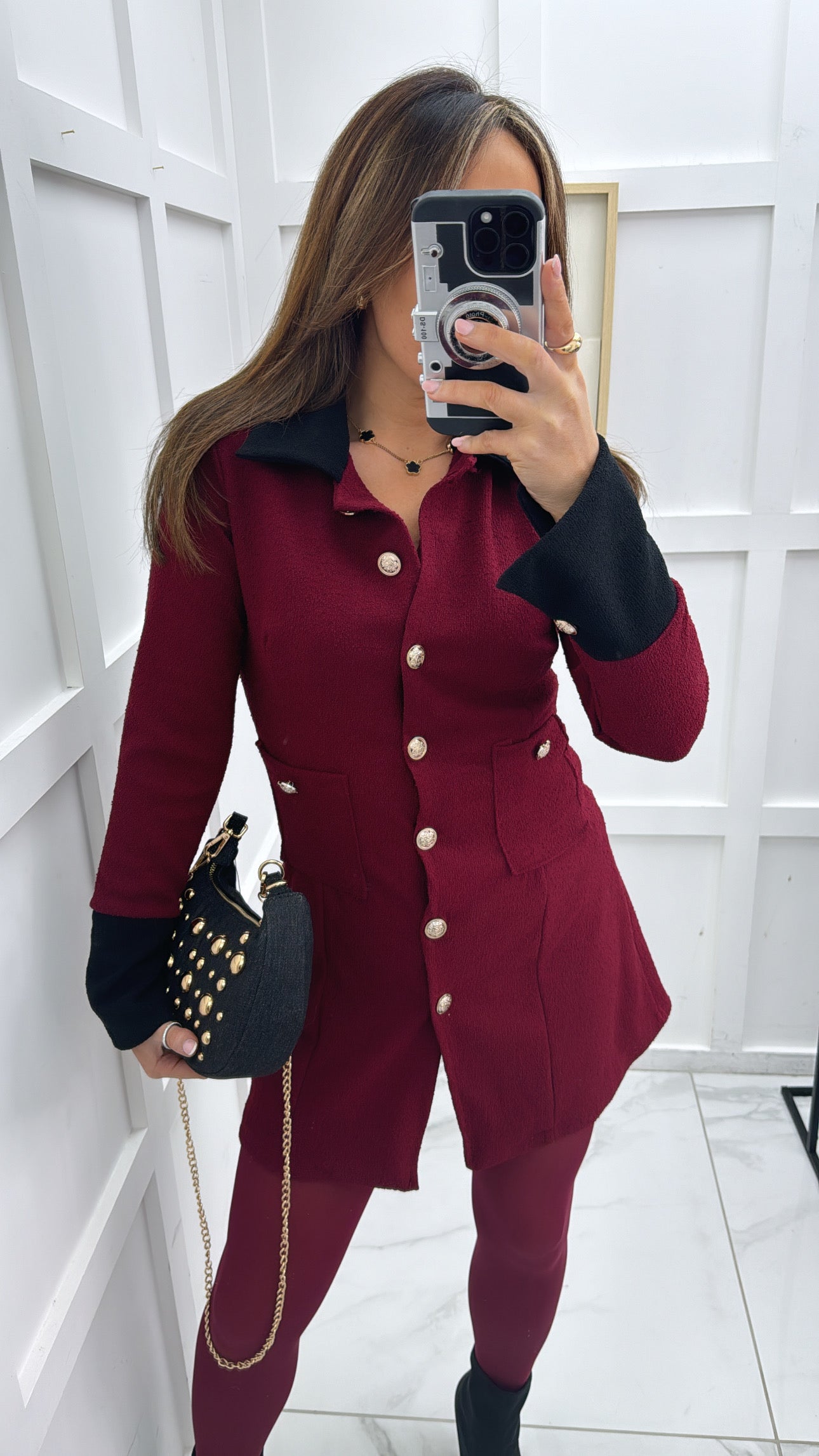 LILLY burgundy boucle dress with gold buttons