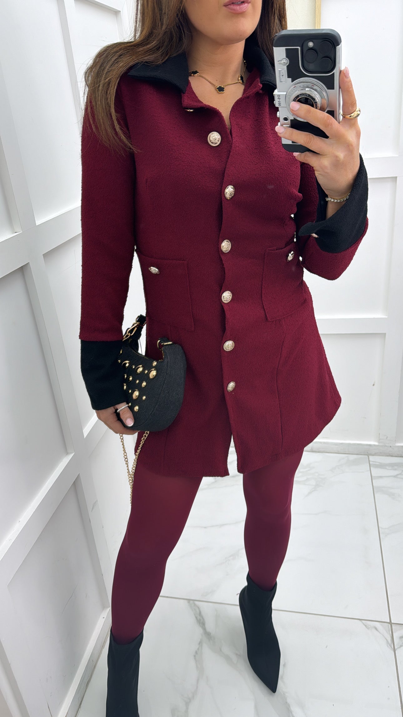 LILLY burgundy boucle dress with gold buttons