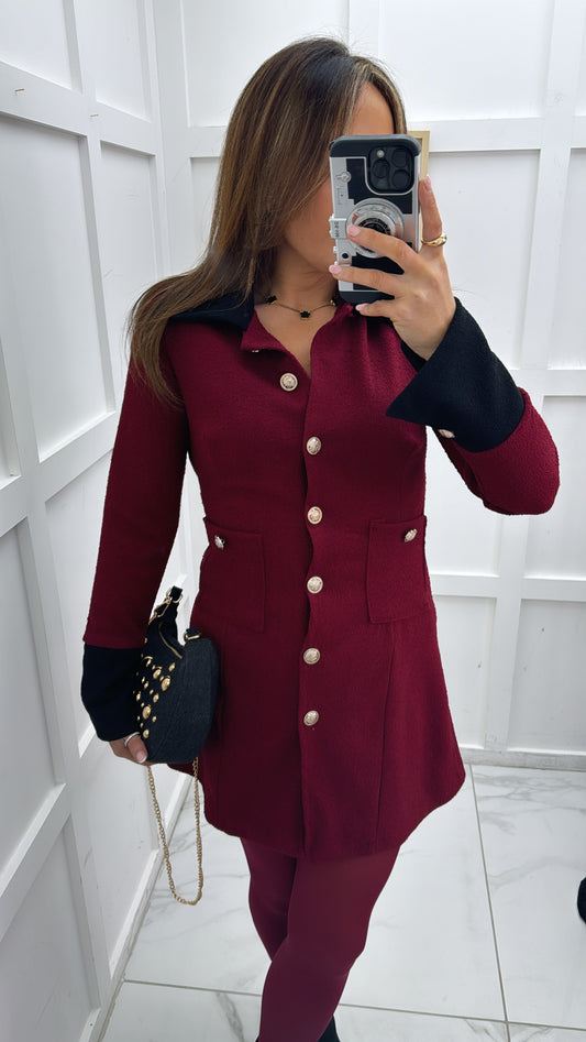 LILLY burgundy boucle dress with gold buttons