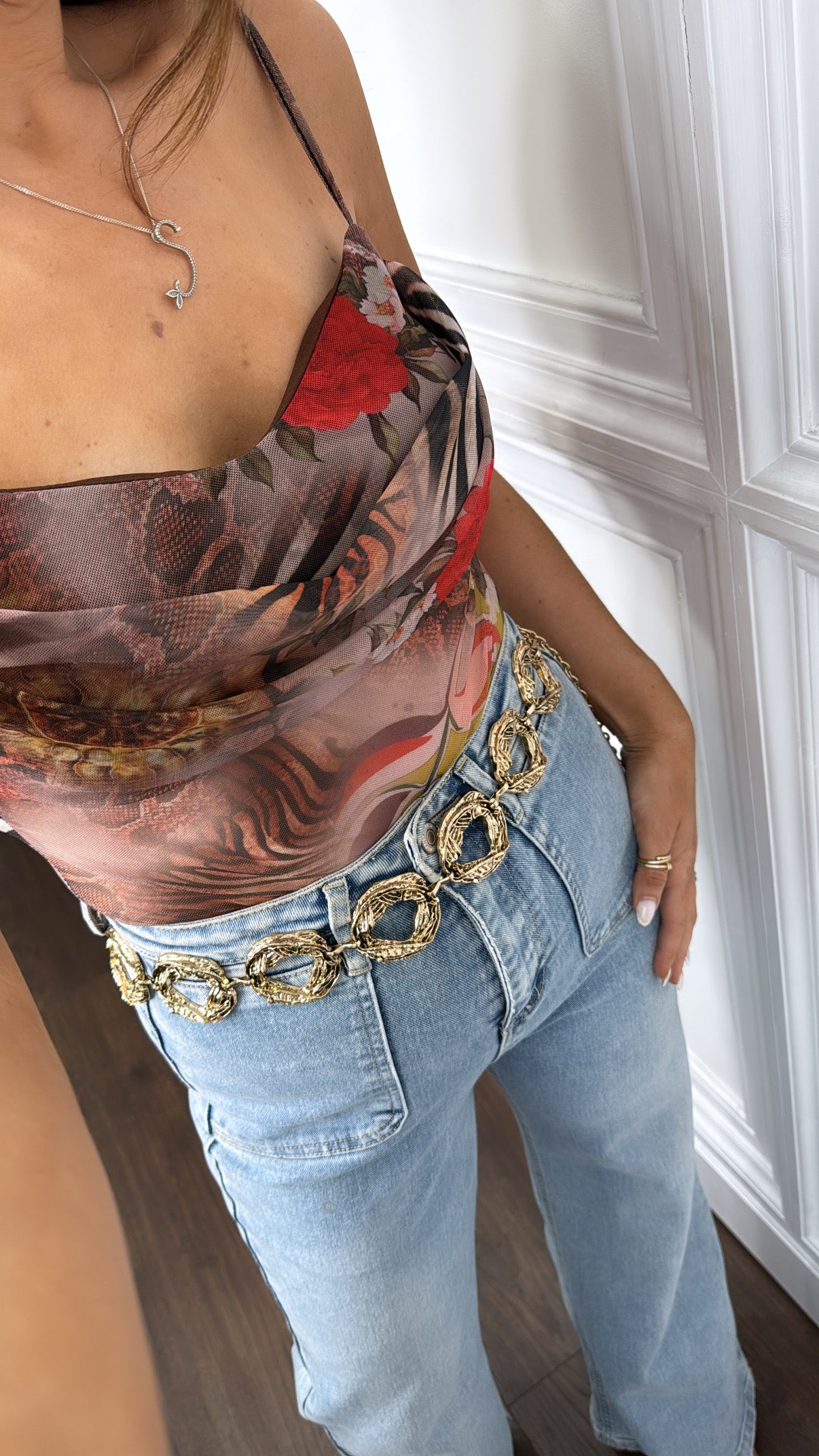 ANNA mixed print sheer cowl bodysuit