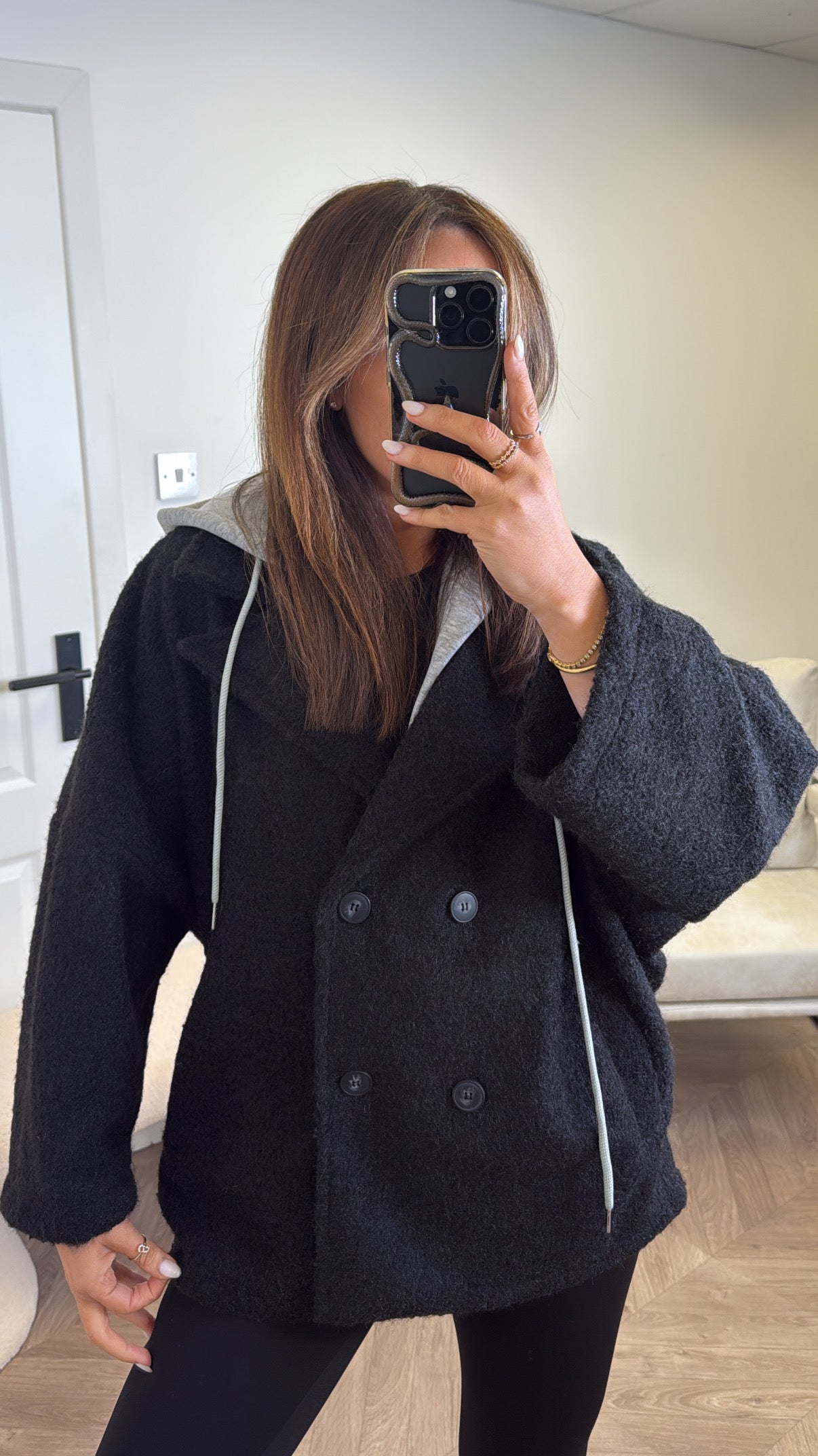 BREA black short duster jacket with integral hoody