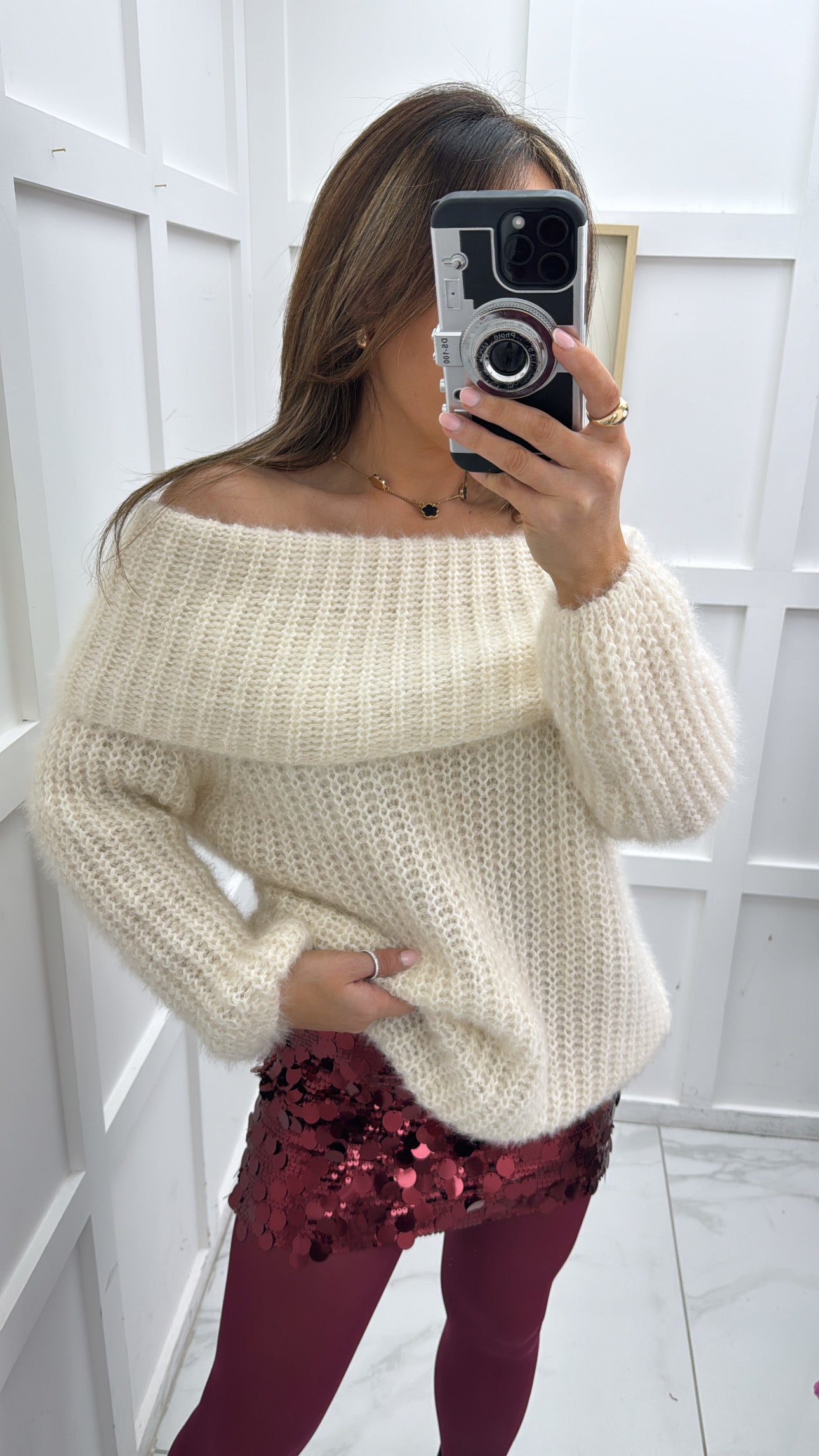 EMILY cream off the shoulder fluffy jumper