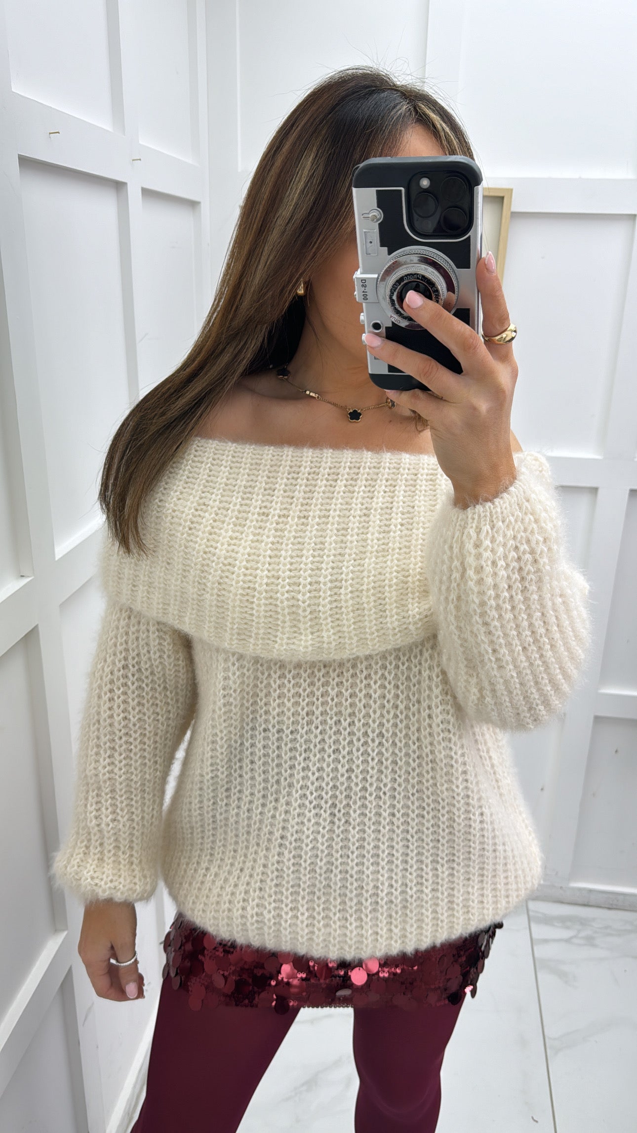 EMILY cream off the shoulder fluffy jumper