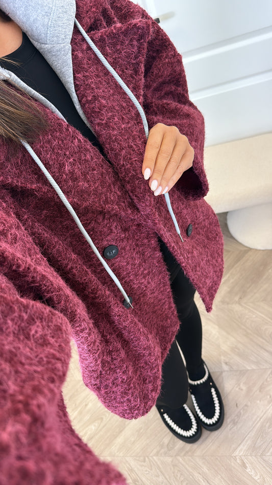 BREA burgundy short duster jacket with integral hoody