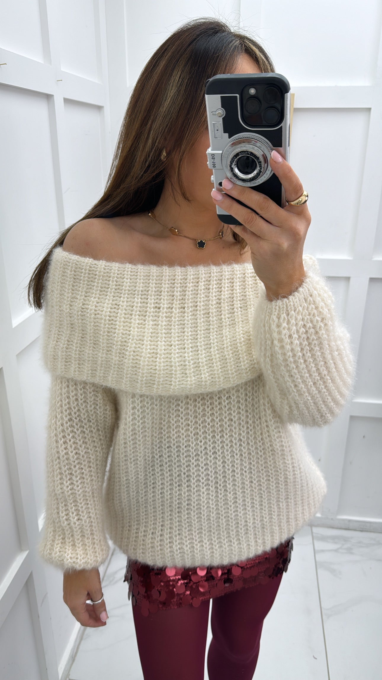 EMILY cream off the shoulder fluffy jumper