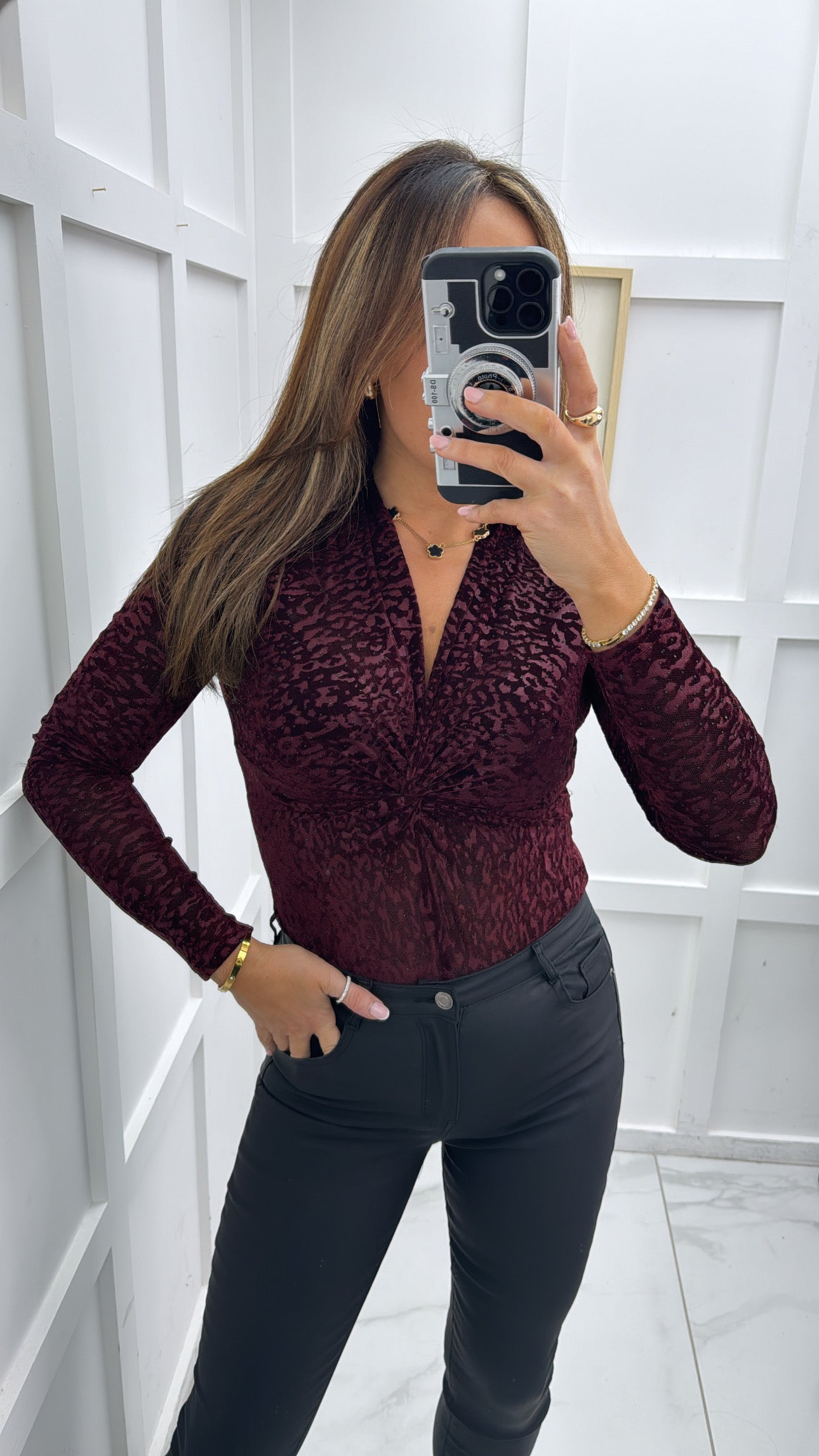 CLAUDIA burgundy velvet leopard detail bodysuit