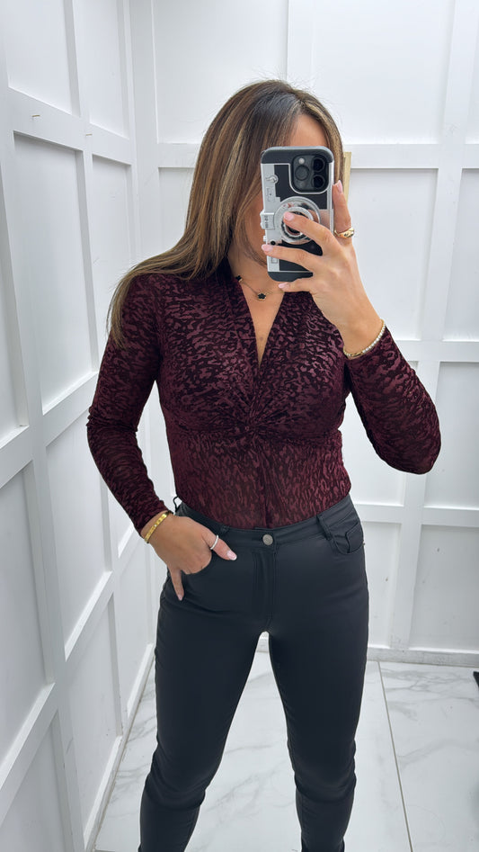 CLAUDIA burgundy velvet leopard detail bodysuit