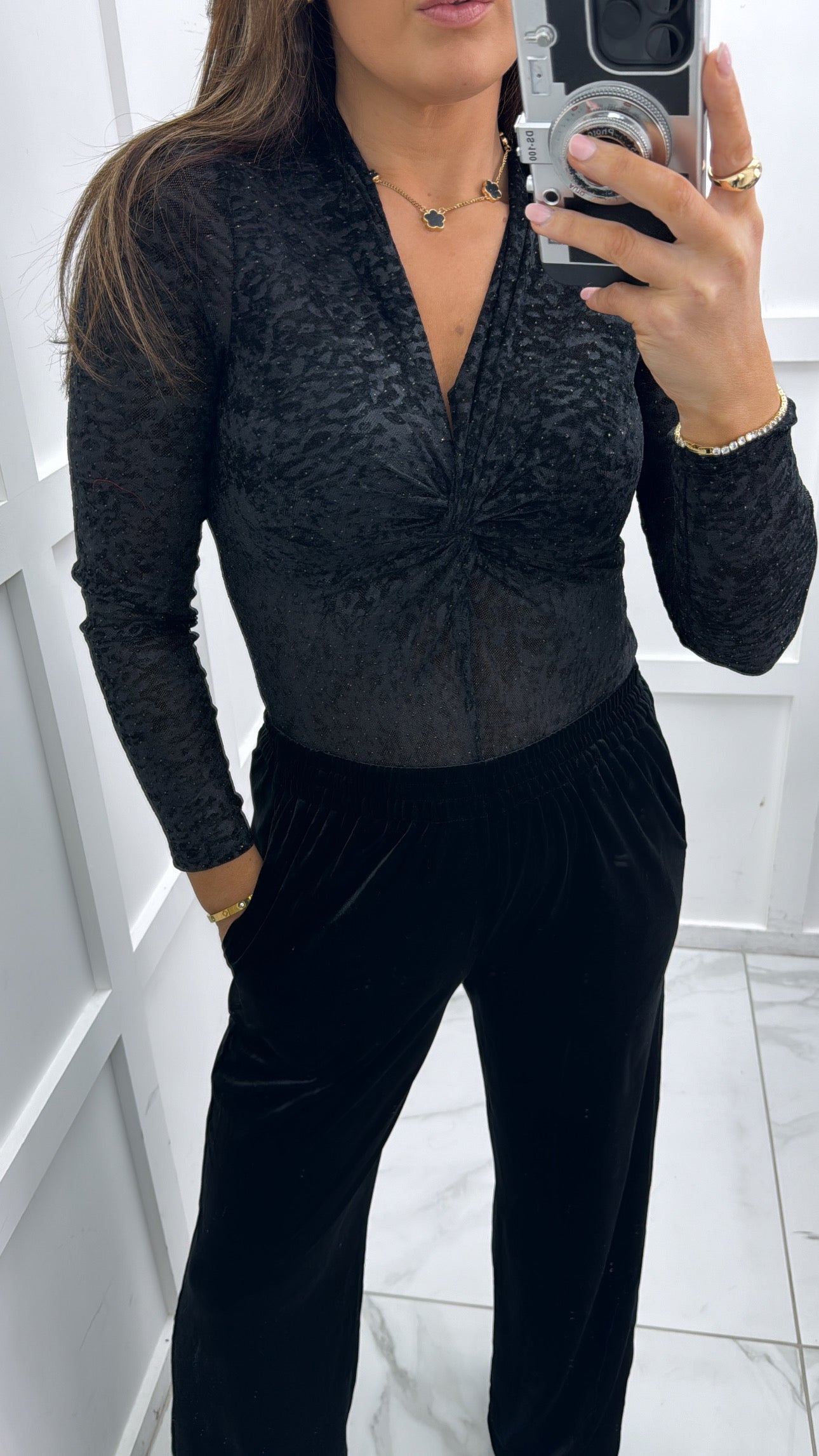 CLAUDIA black velvet leopard detail bodysuit