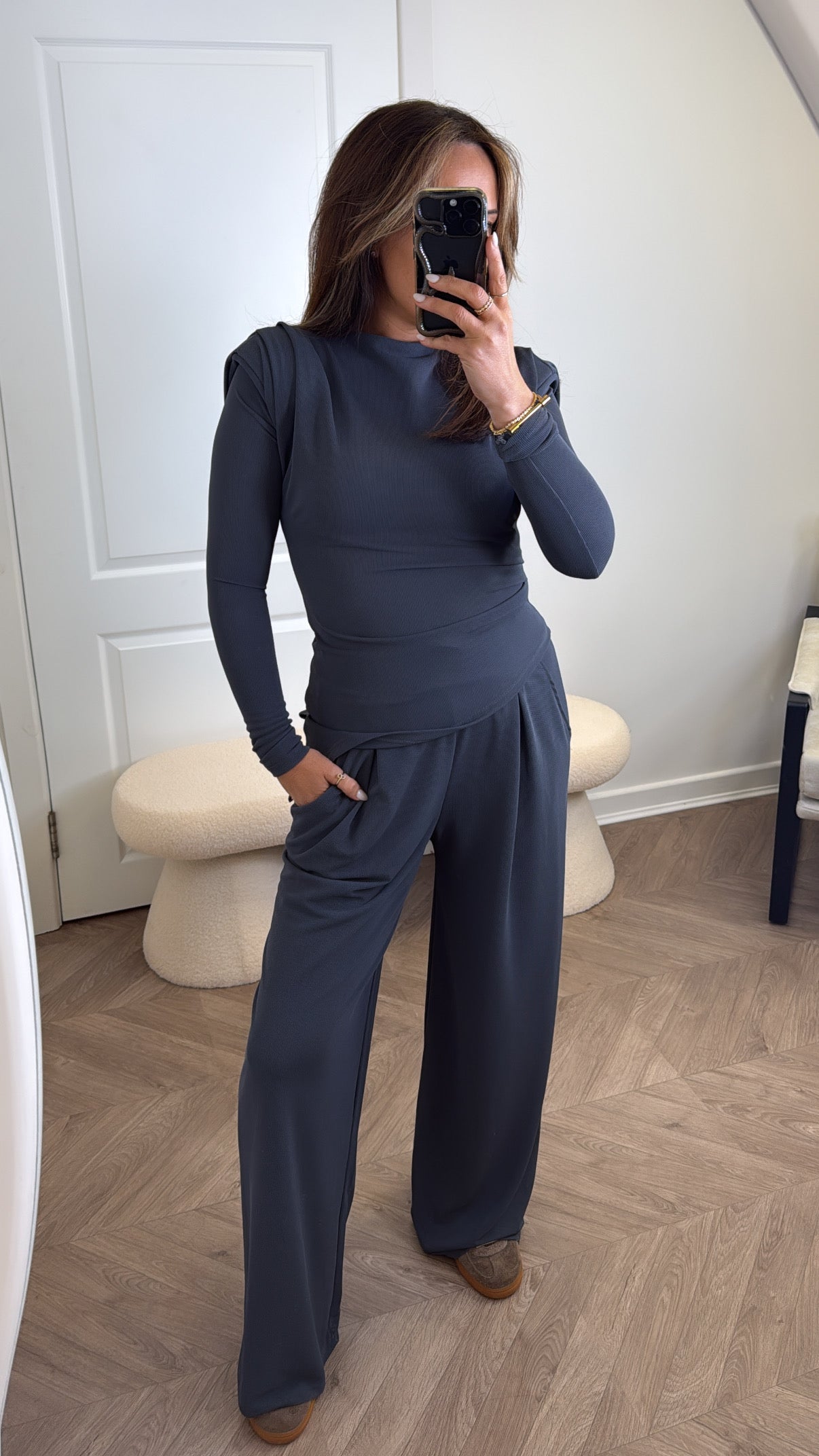 TASHA charcoal grey asymmetric long sleeve top and trousers co-ord