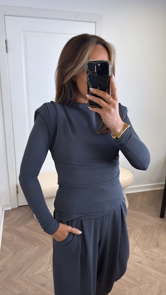 TASHA charcoal grey asymmetric long sleeve top and trousers co-ord