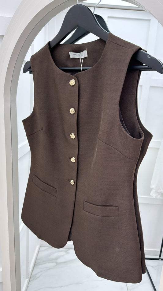 ANYA brown tailored waist coat with gold buttons