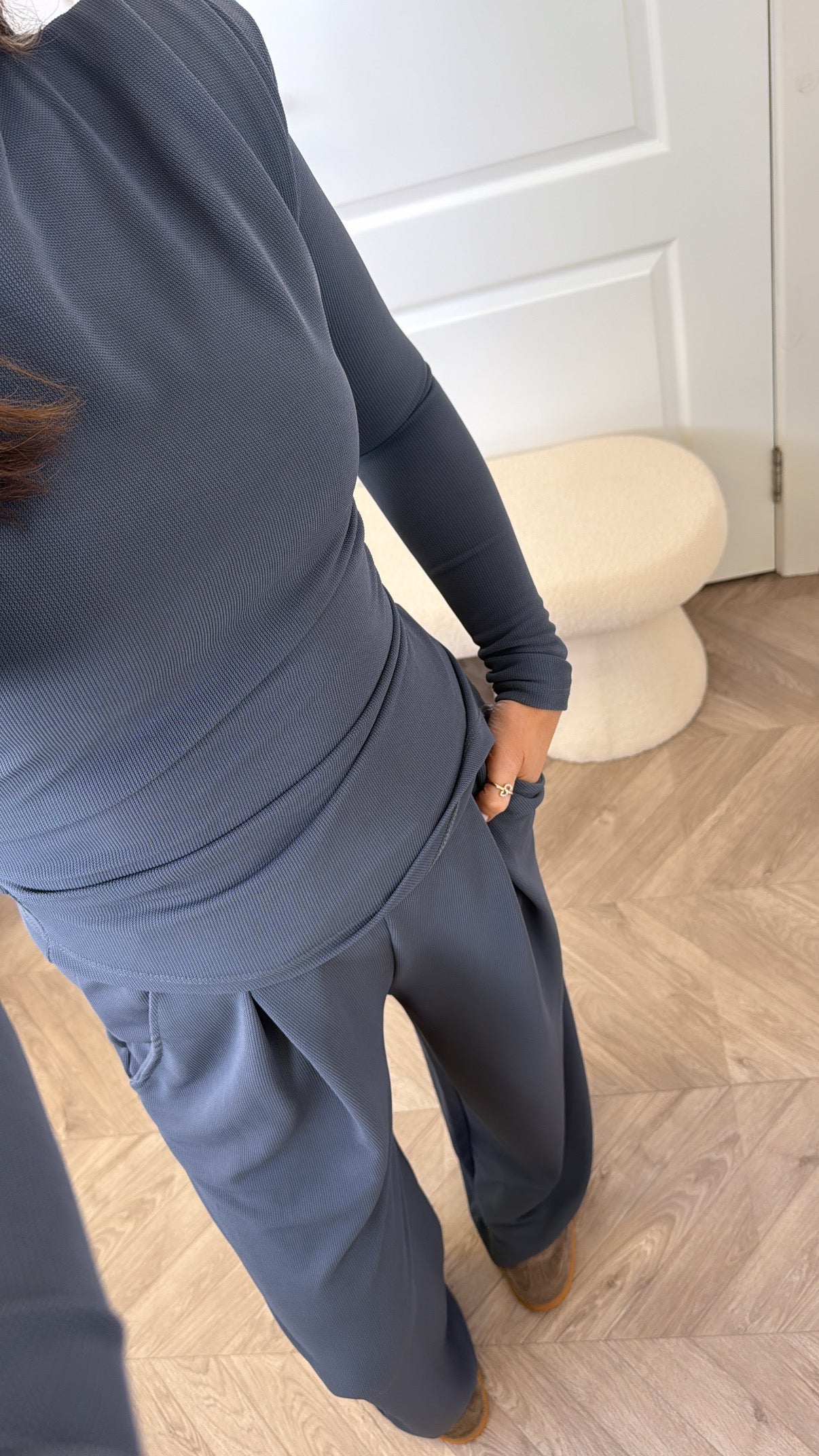 TASHA charcoal grey asymmetric long sleeve top and trousers co-ord