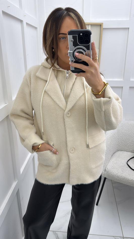 MADDISON beige fluffy blazer with knitted hood