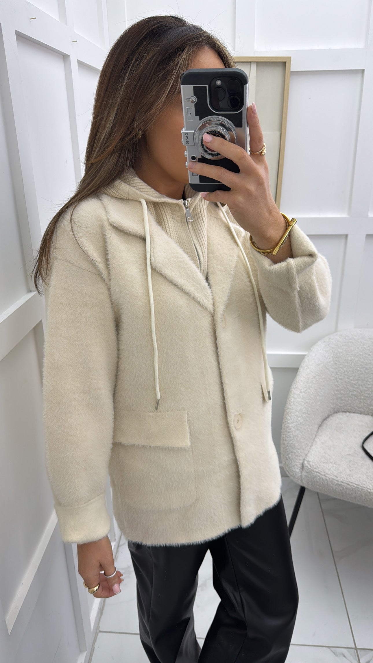 MADDISON beige fluffy blazer with knitted hood