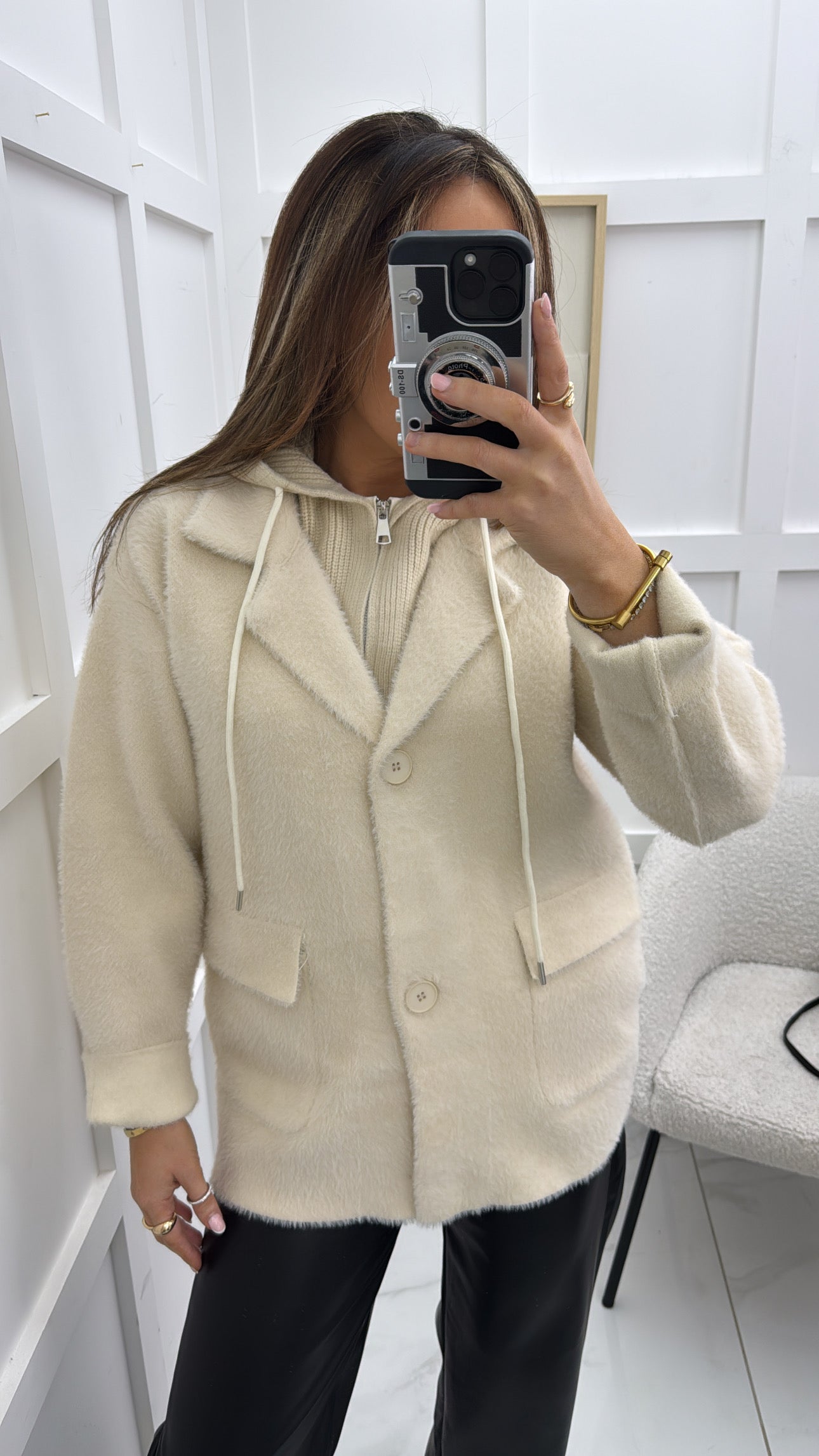 MADDISON beige fluffy blazer with knitted hood