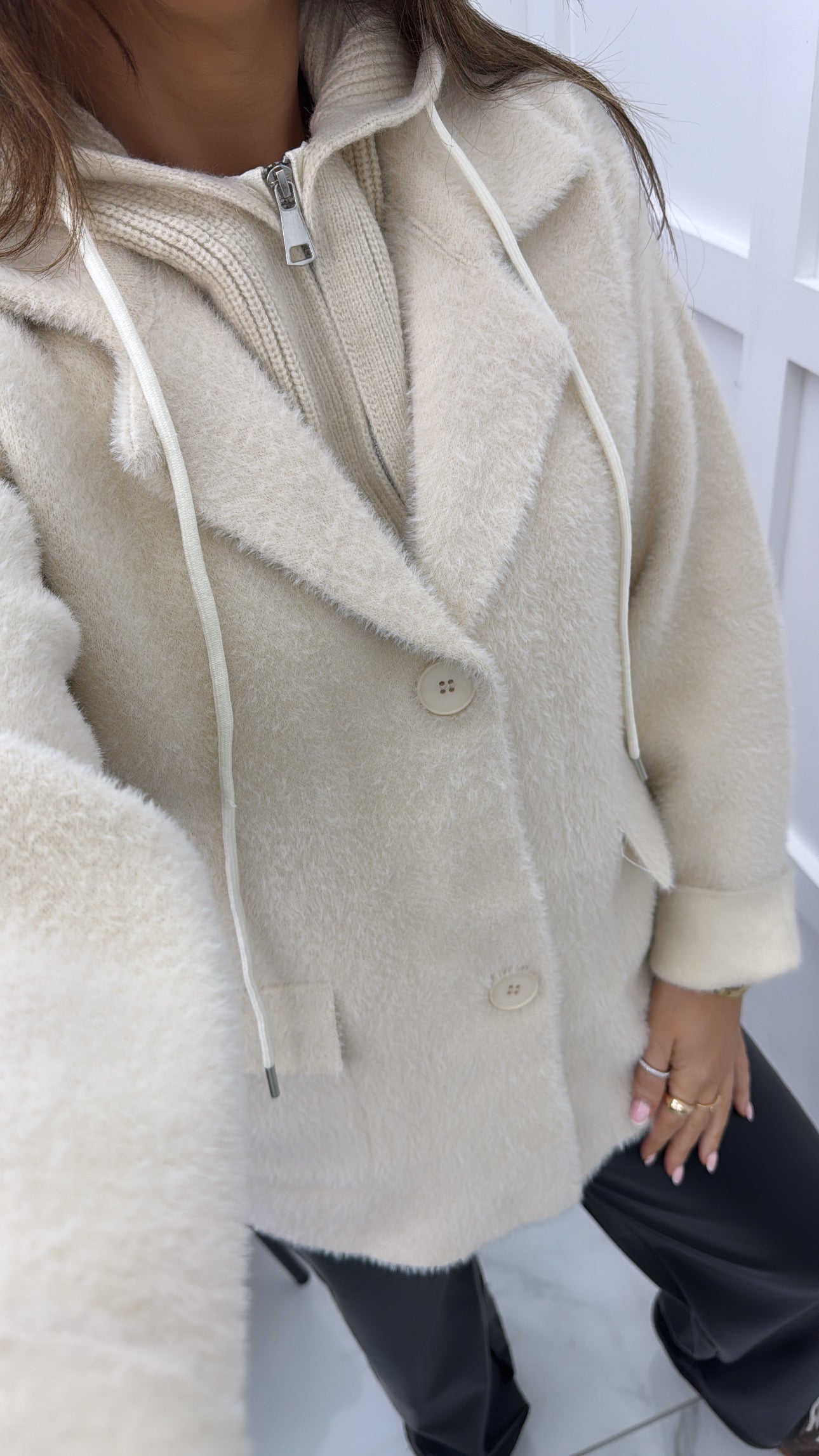 MADDISON beige fluffy blazer with knitted hood