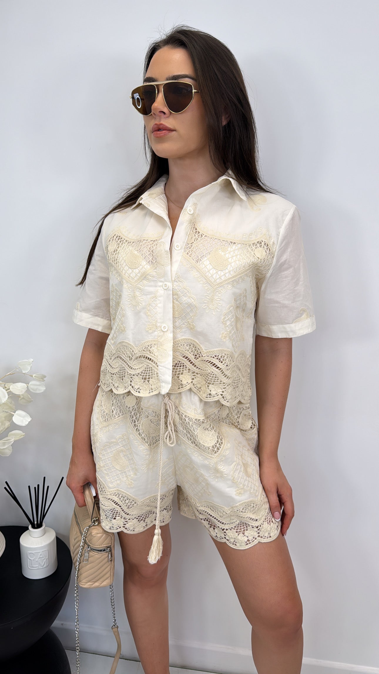 VEDA light beige crochet top and shorts co-ord