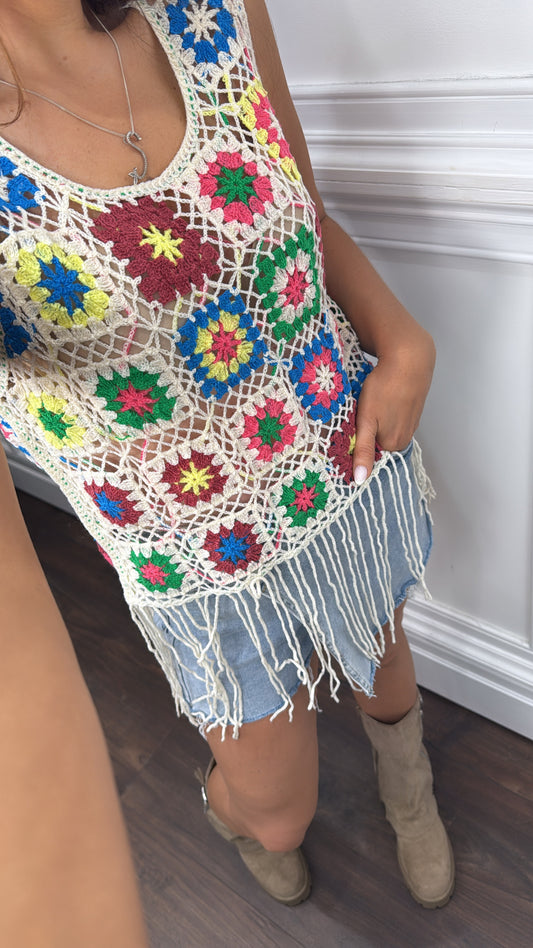 PENELOPE beige crochet detail vest top