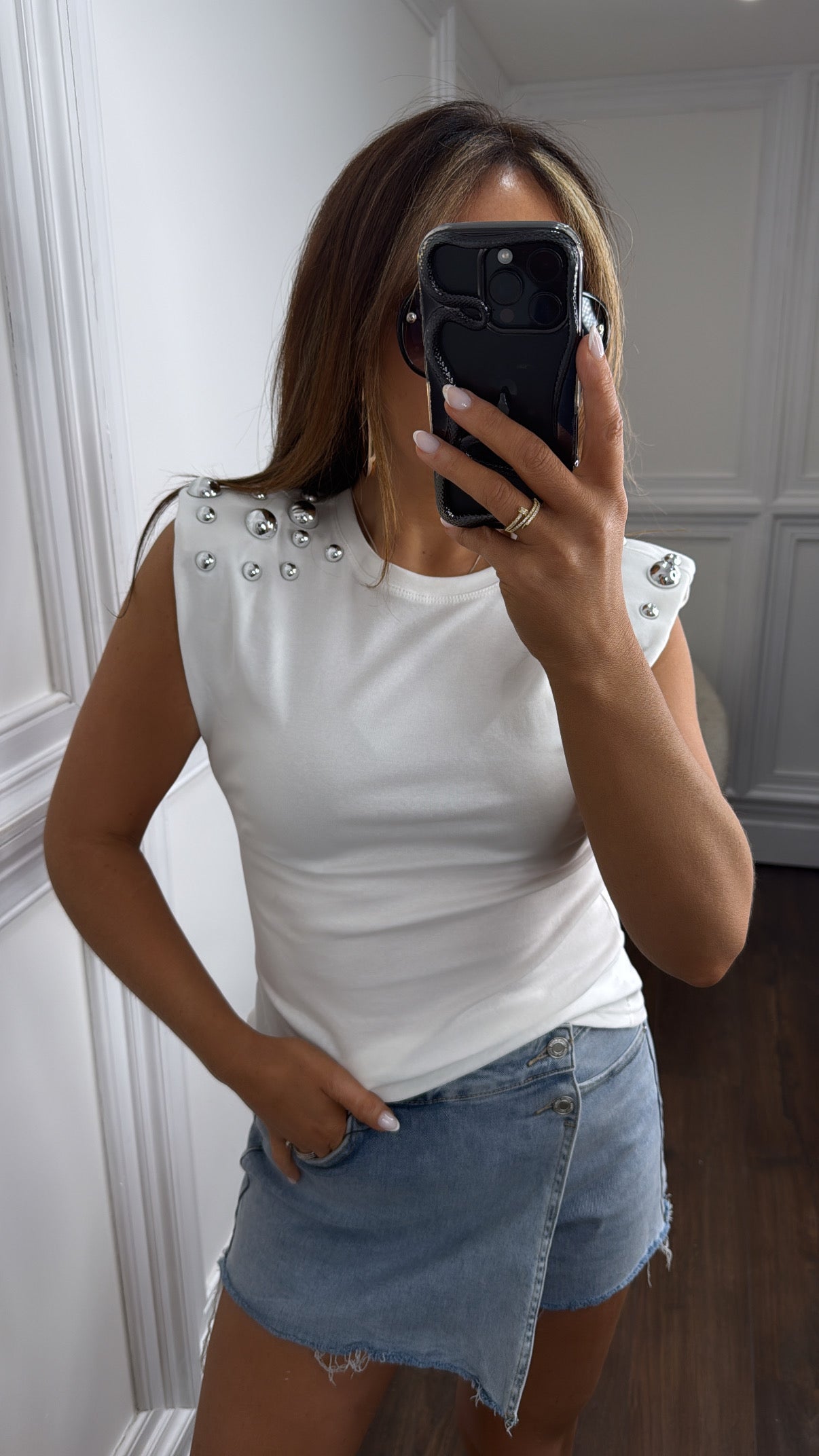 KAYA white stud detail shoulder pad top