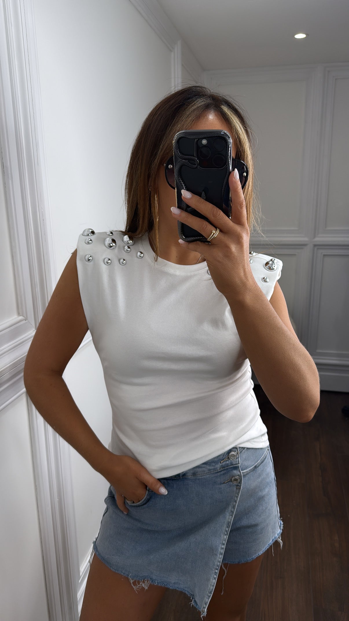 KAYA white stud detail shoulder pad top