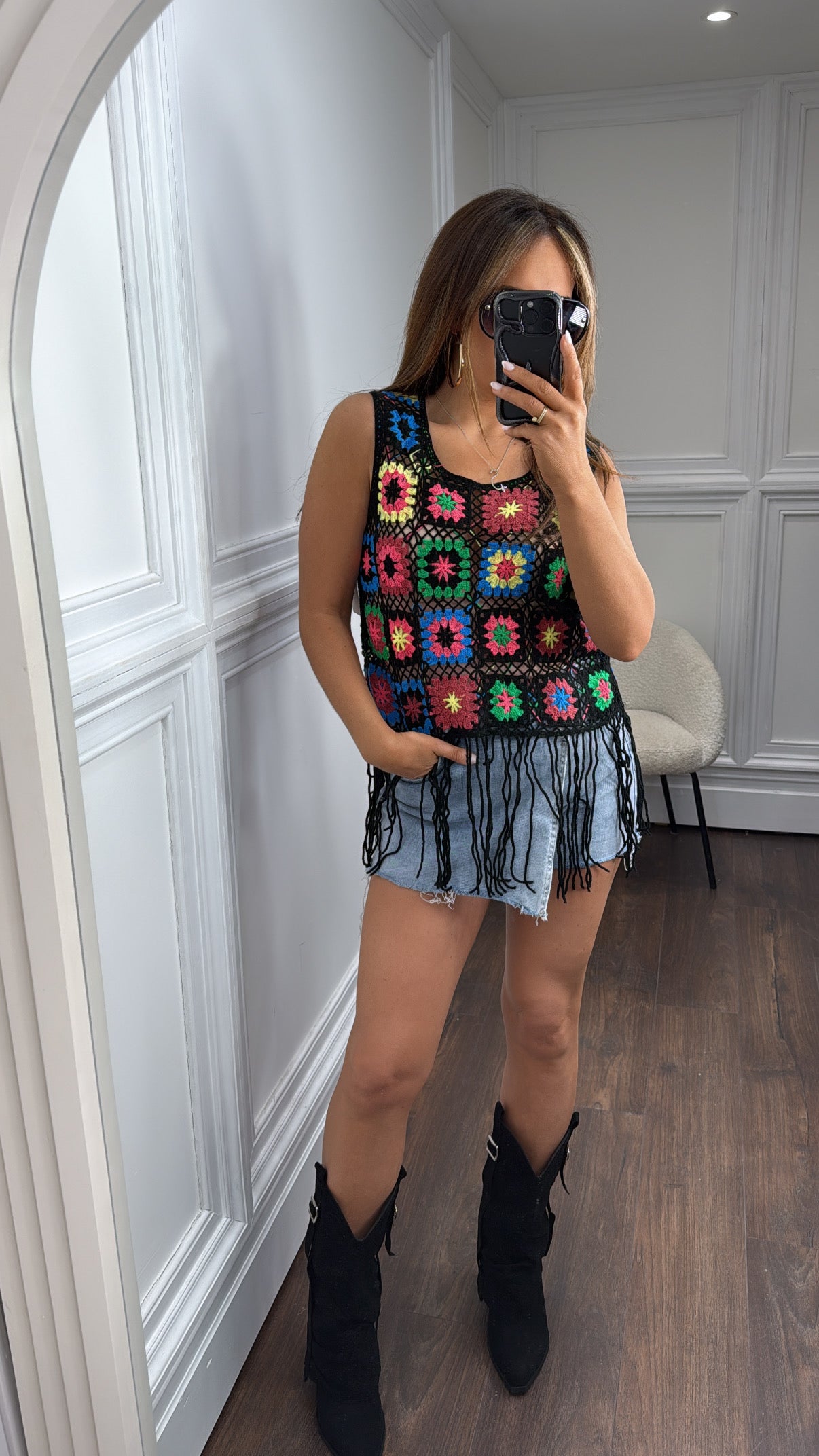 PENELOPE black crochet detail vest top