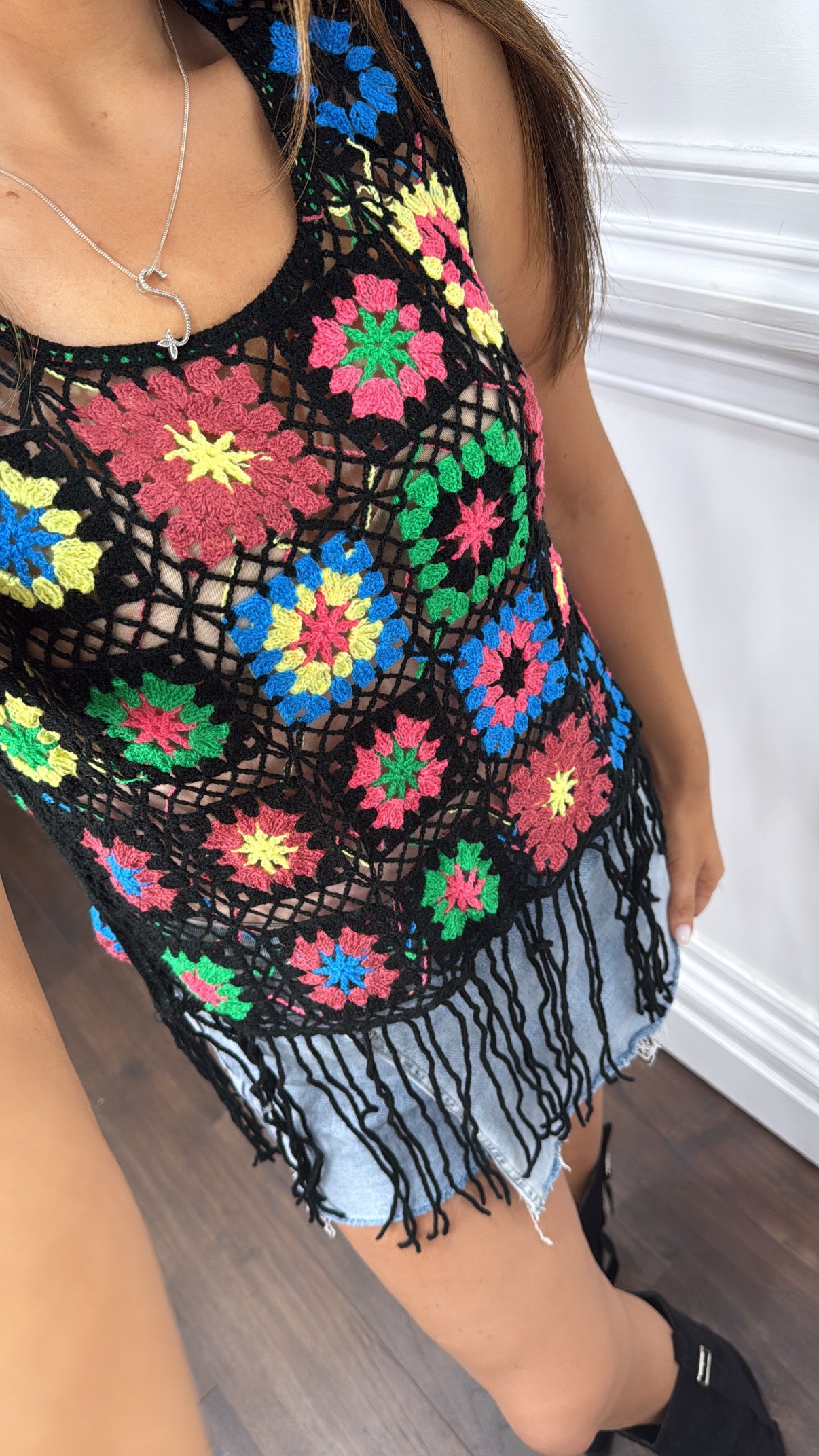 PENELOPE black crochet detail vest top