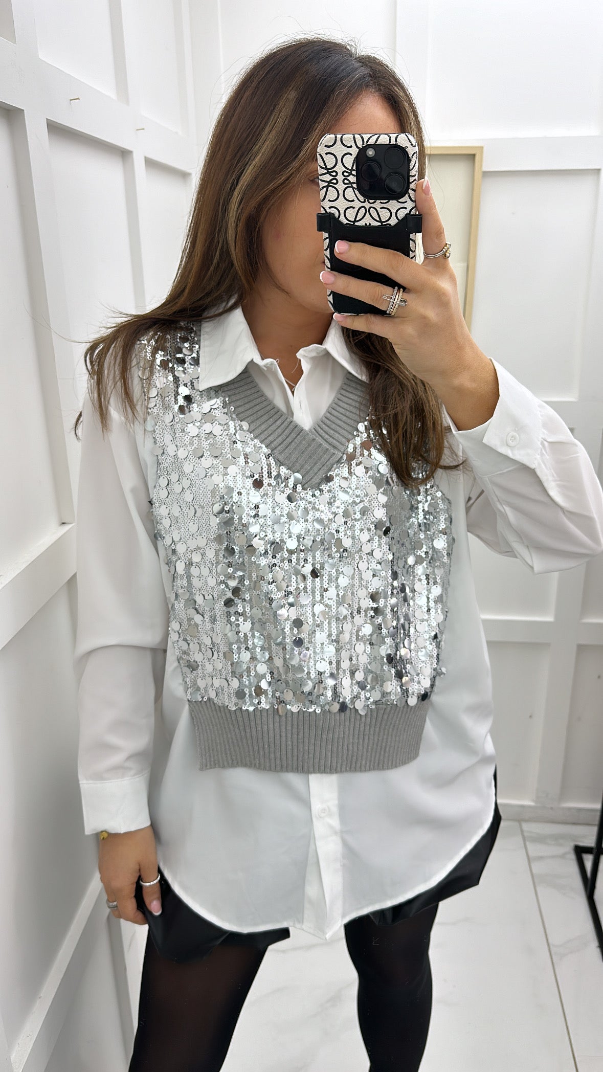 AMAYA white shirt with silver sequin tank overlay