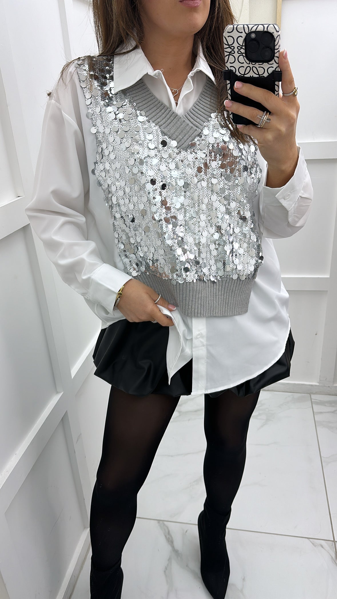 AMAYA white shirt with silver sequin tank overlay