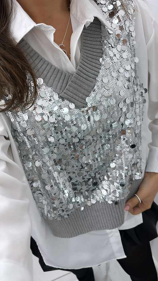 AMAYA white shirt with silver sequin tank overlay