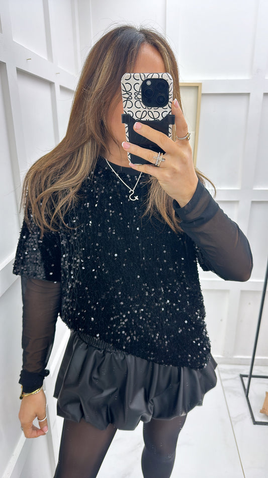 KARA black sequin top with mesh sleeves