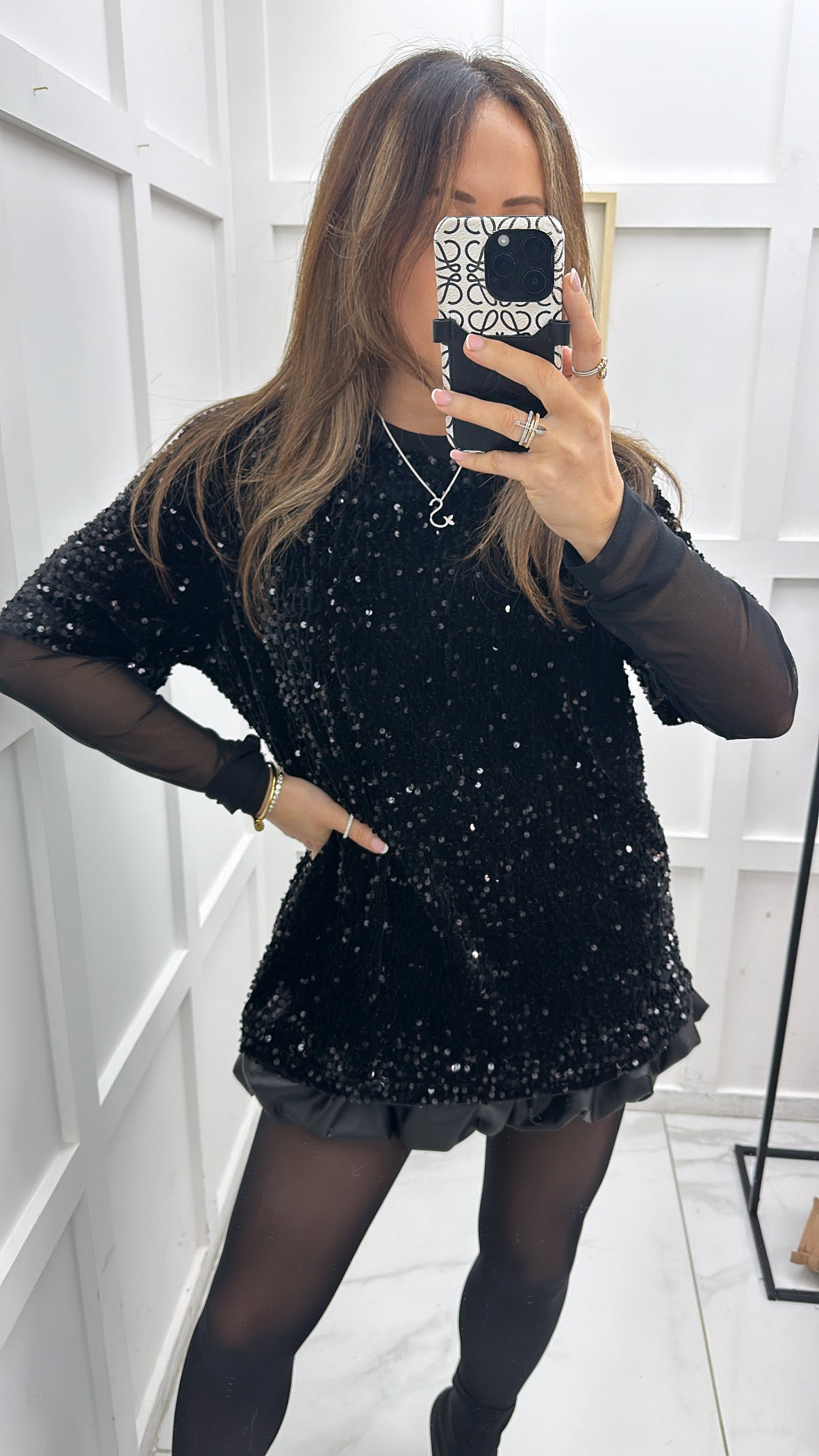 KARA black sequin top with mesh sleeves