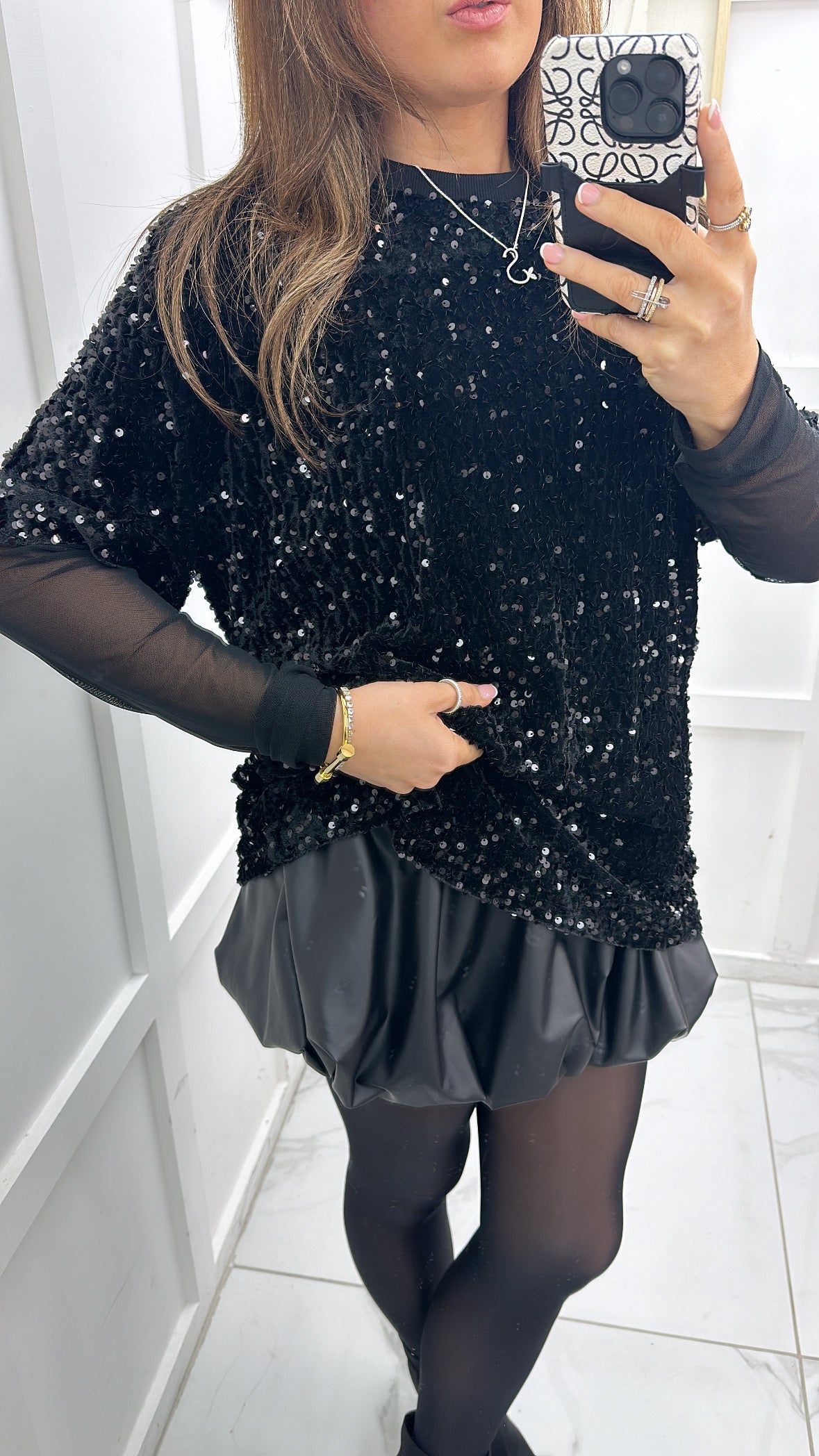 KARA black sequin top with mesh sleeves