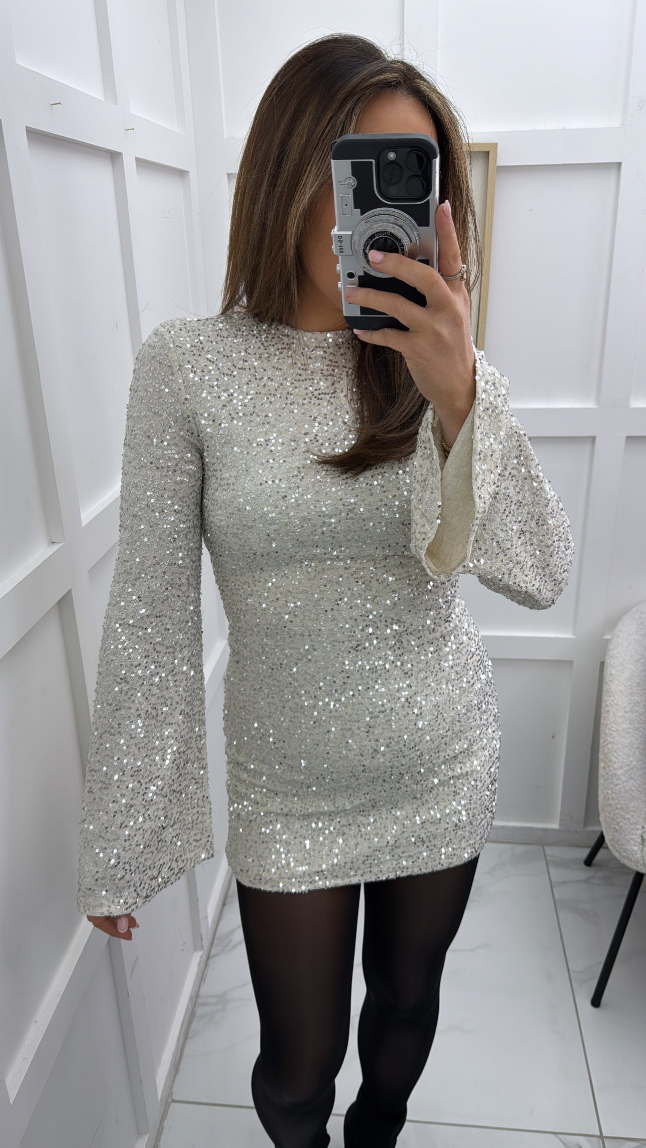 CHARLOTTE cream sequin flare dress