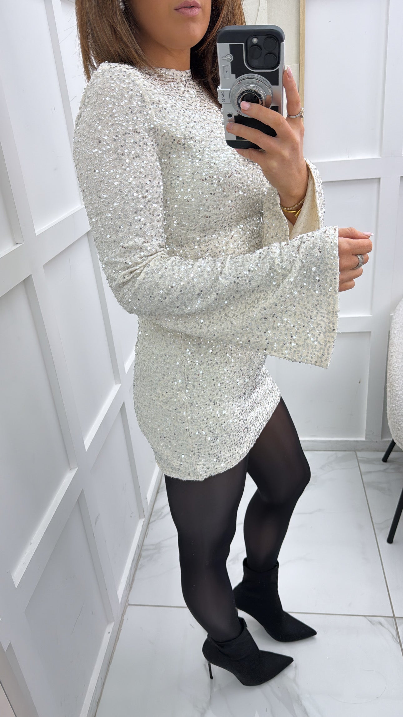 CHARLOTTE cream sequin flare dress