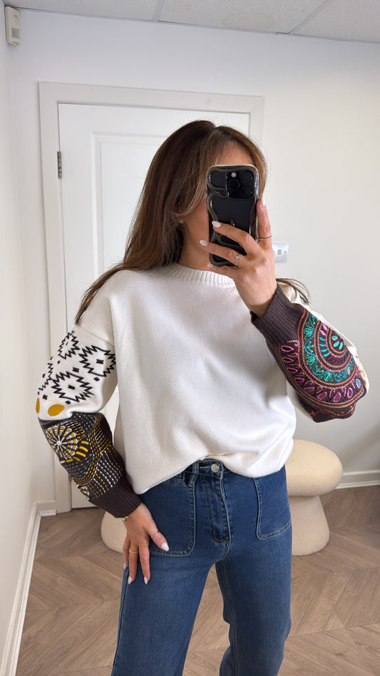 FRANCESCA cream jumper with brown aztec embroidered sleeves