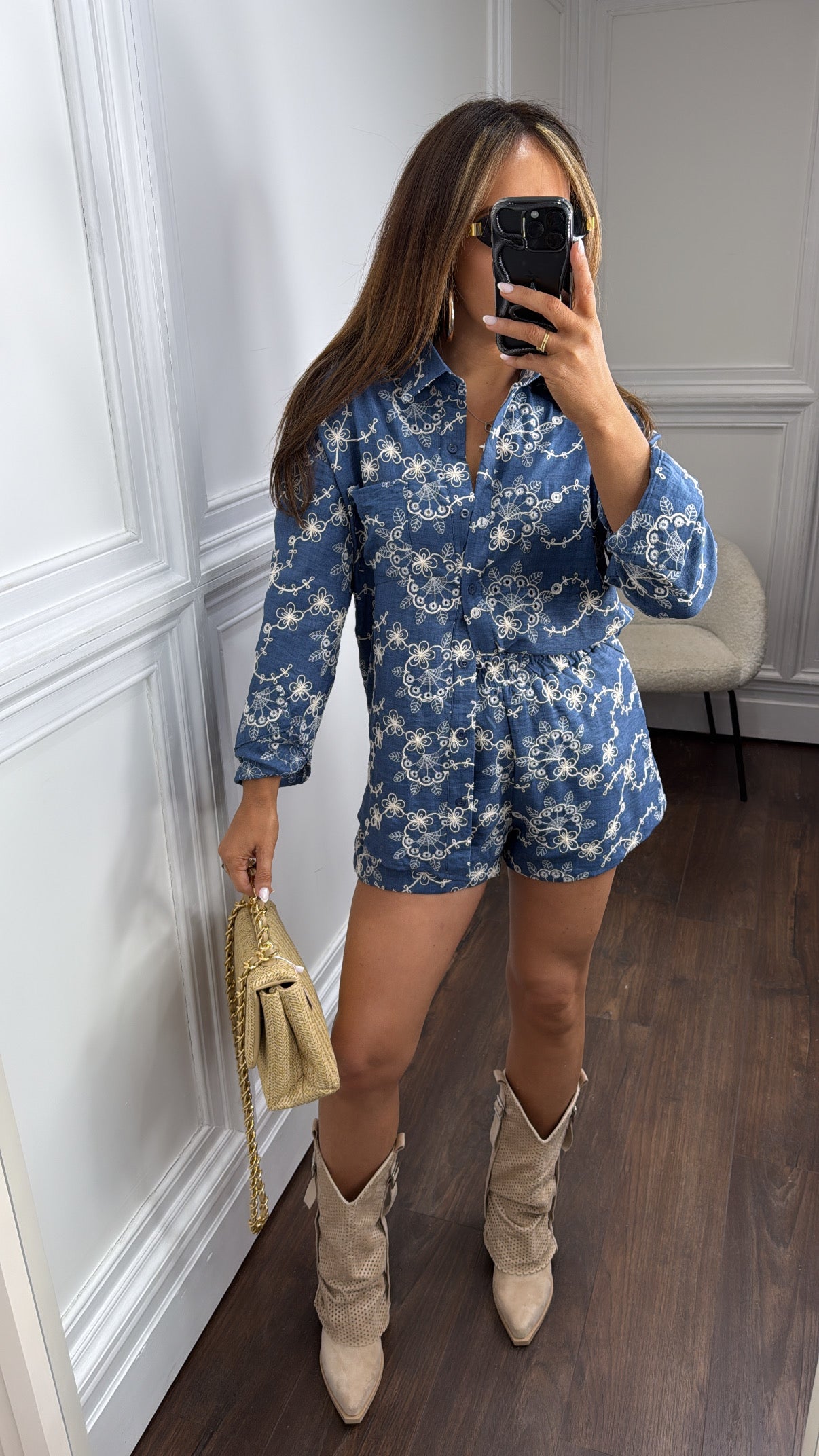 YAZMINE dark blue embroidery detail shirt and shorts co-ord set