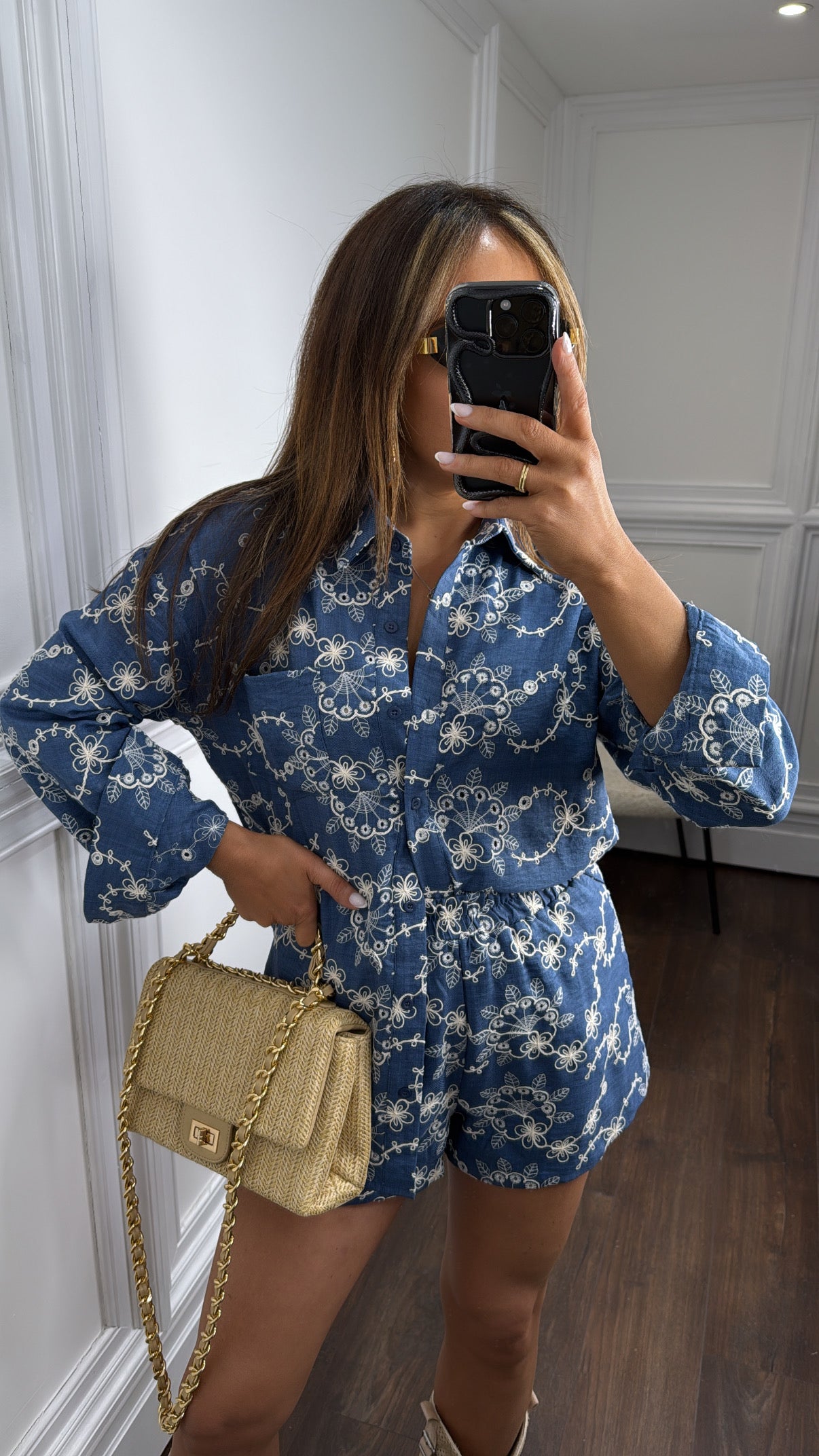 YAZMINE dark blue embroidery detail shirt and shorts co-ord set