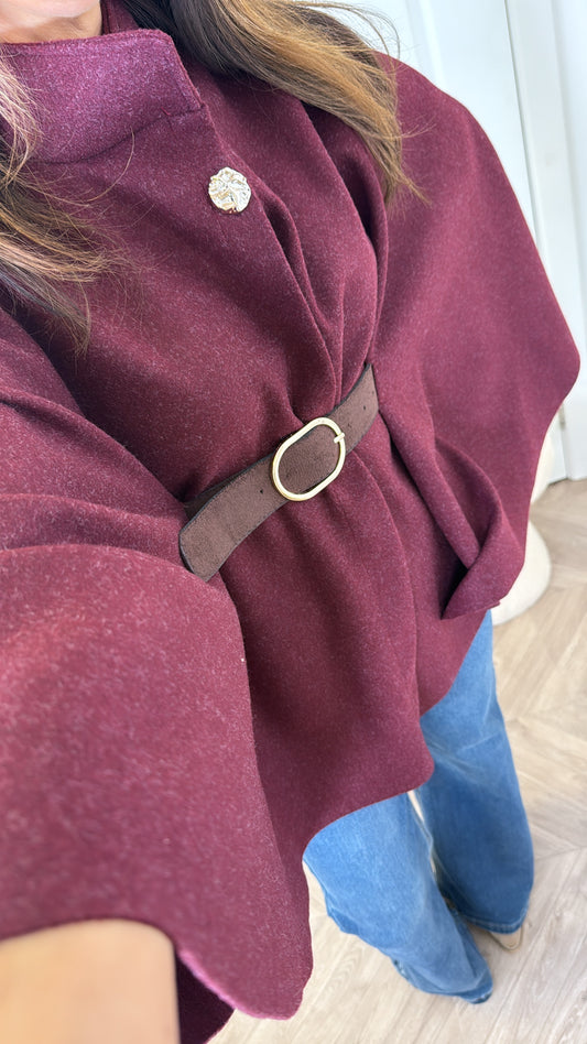 ALEXANDRA burgundy belted cape jacket