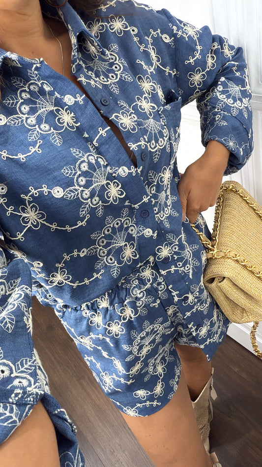 YAZMINE dark blue embroidery detail shirt and shorts co-ord set