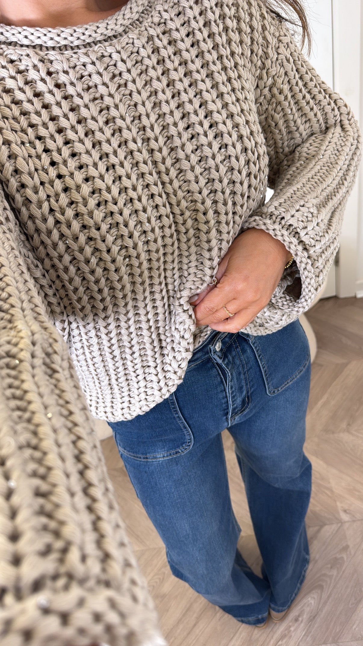 DARBY beige chunky knit jumper with sequin accents