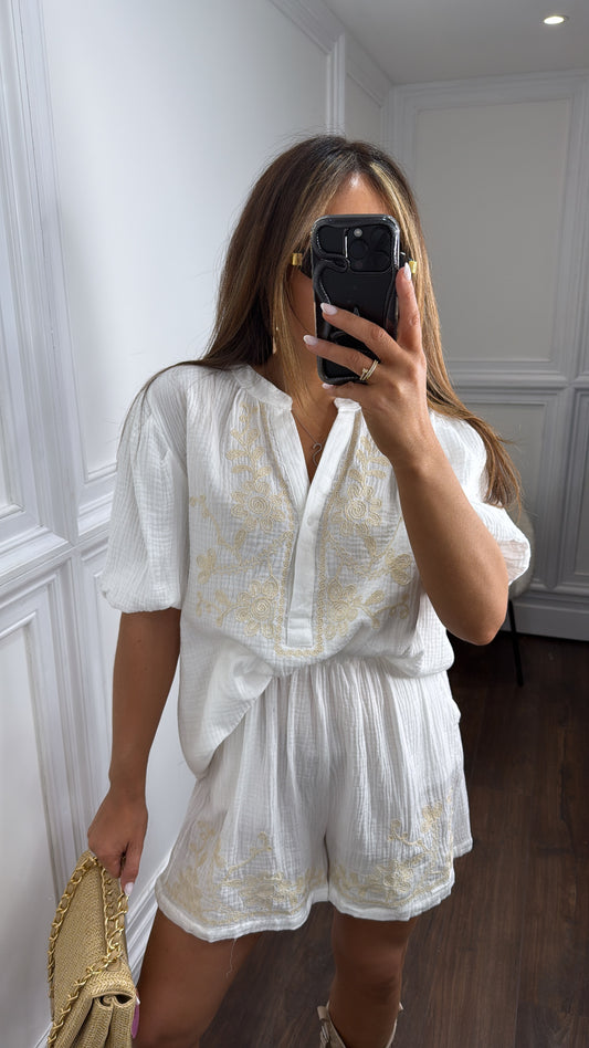 SAHARA white embroidered shorts and top co-ord