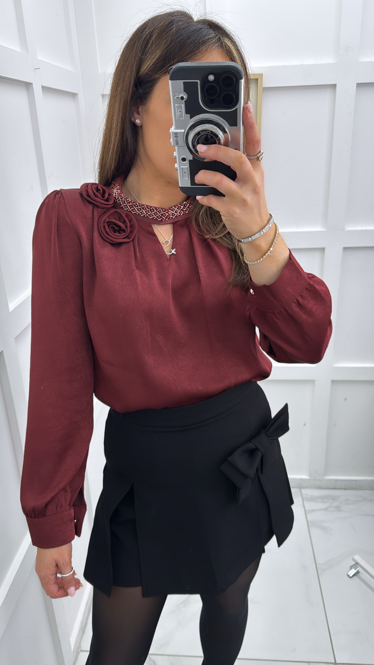 ADINA wine satin top with embellished neck