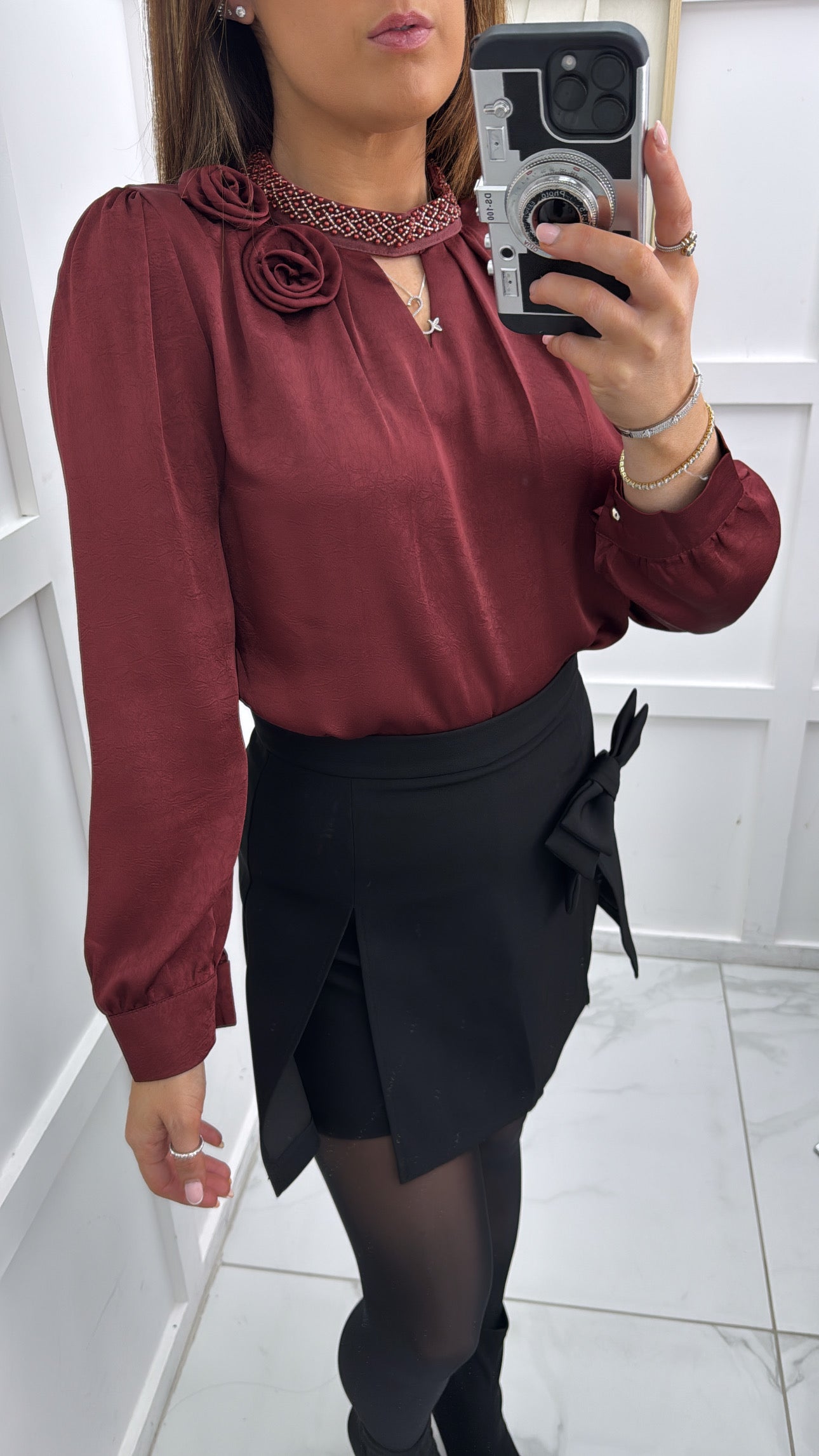 ADINA wine satin top with embellished neck