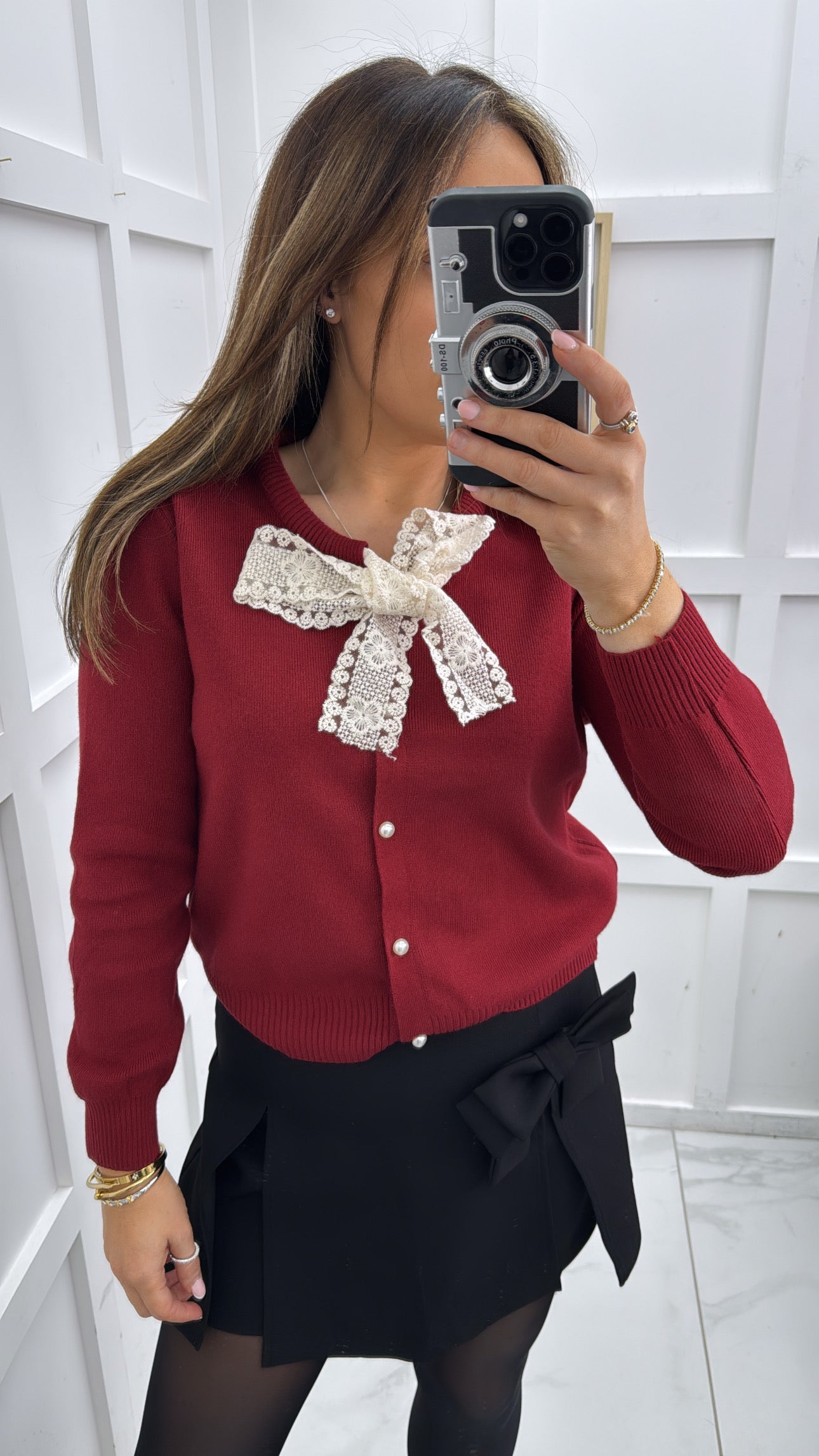 TARA wine cardigan with lace detail